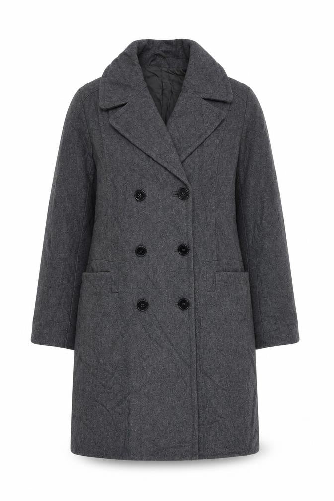 Front view of French Connection women’s grey overcoat coat, size UK 10, button