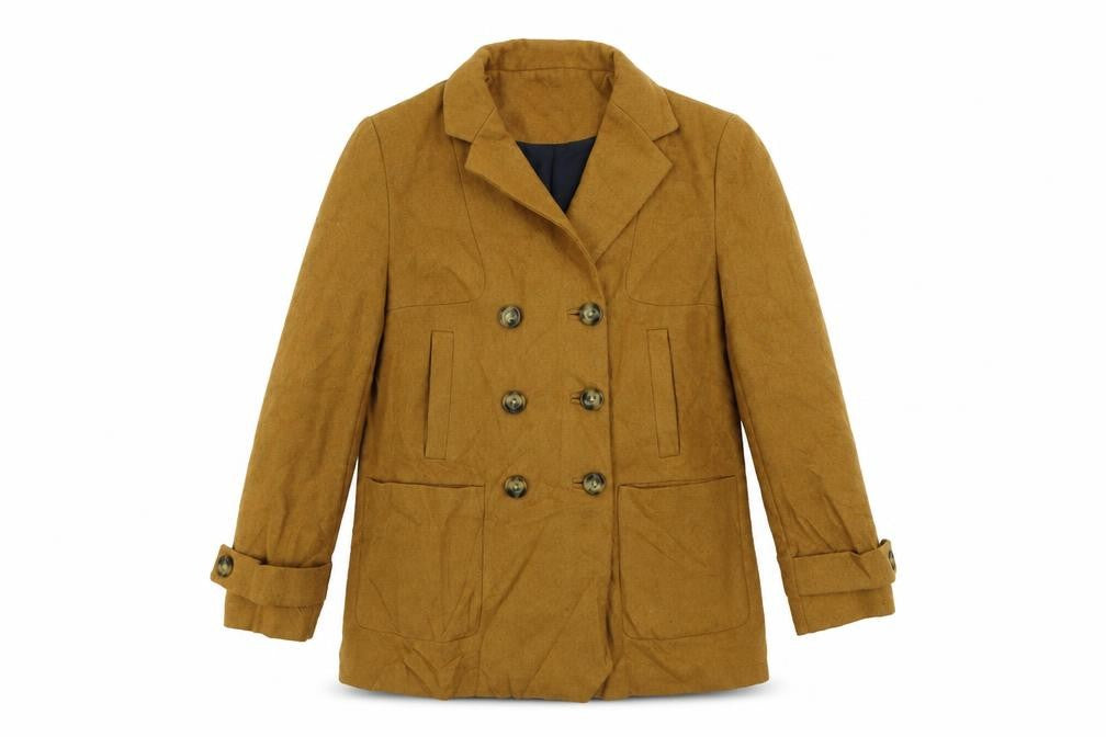 Front view of Topshop women’s yellow pea coat coat, size UK 10, button