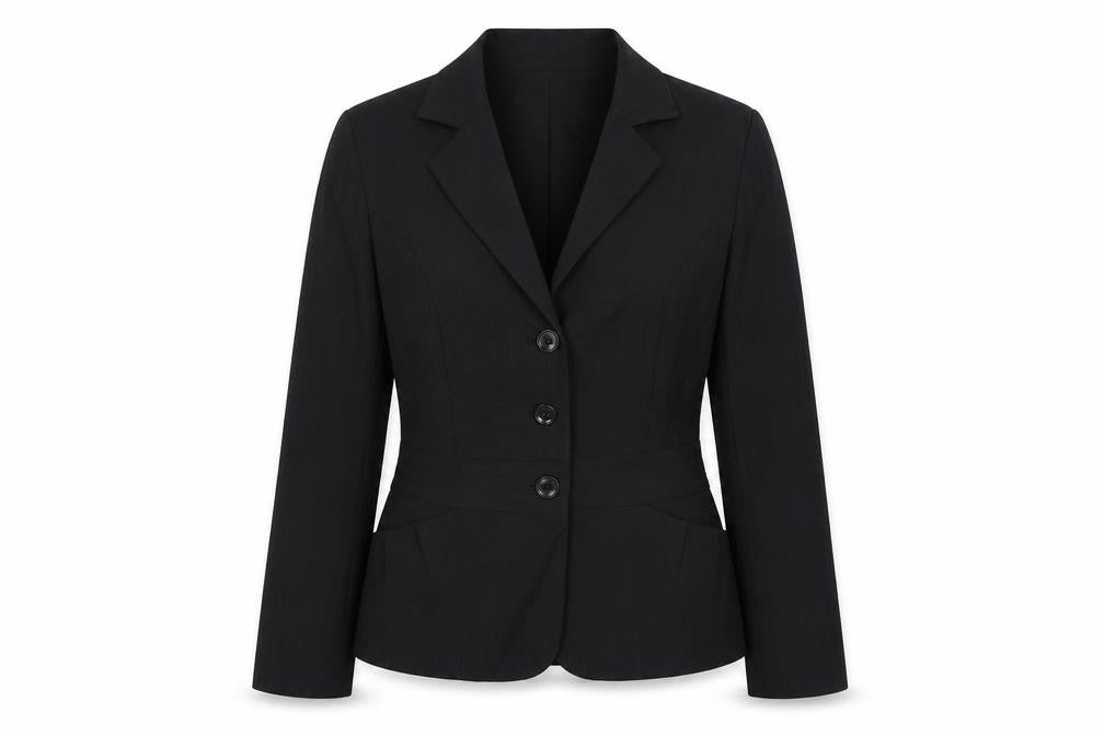 Front view of Wanko women’s black striped jacket blazer, size UK 8, button