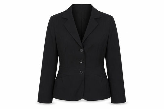 Front view of Wanko women’s black striped jacket blazer, size UK 8, button