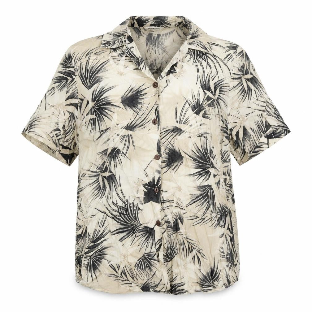 Front view of Berkertex women’s beige geometric viscose basic button-up, size UK 14, collared