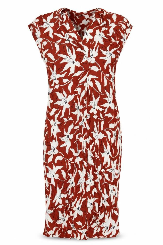 Front view of Arket women’s brown floral viscose a-line, size UK 6, v-neck pullover