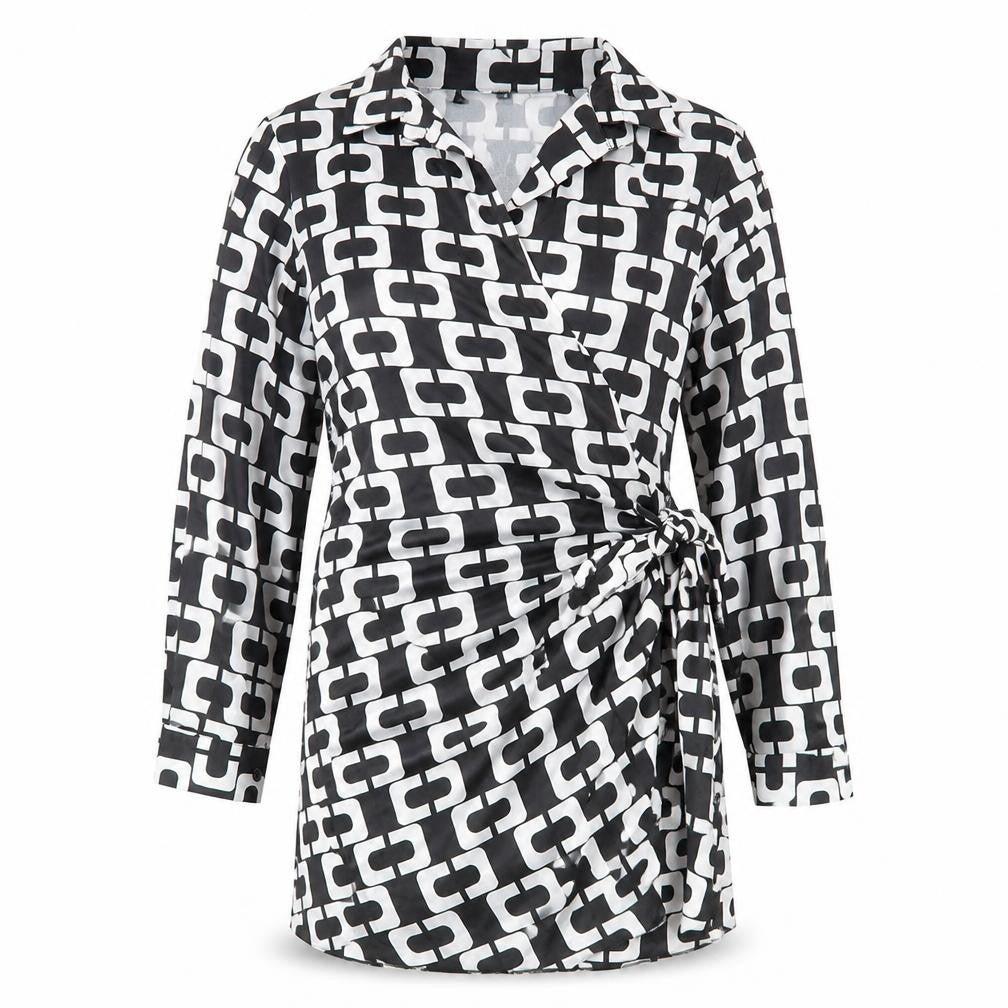 Front view of Cameo Rose women’s black geometric polyester bodycon, size UK 12, collared tie
