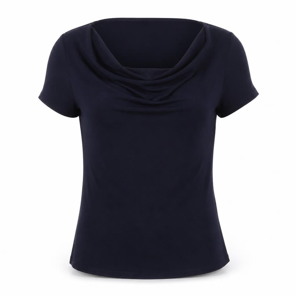 Front view of Precis women’s blue viscose basic t-shirt, size S, cowl neck