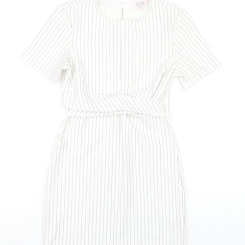 Miss Selfridge Womens White Striped Polyester Bodycon Size 6 Round Neck Button