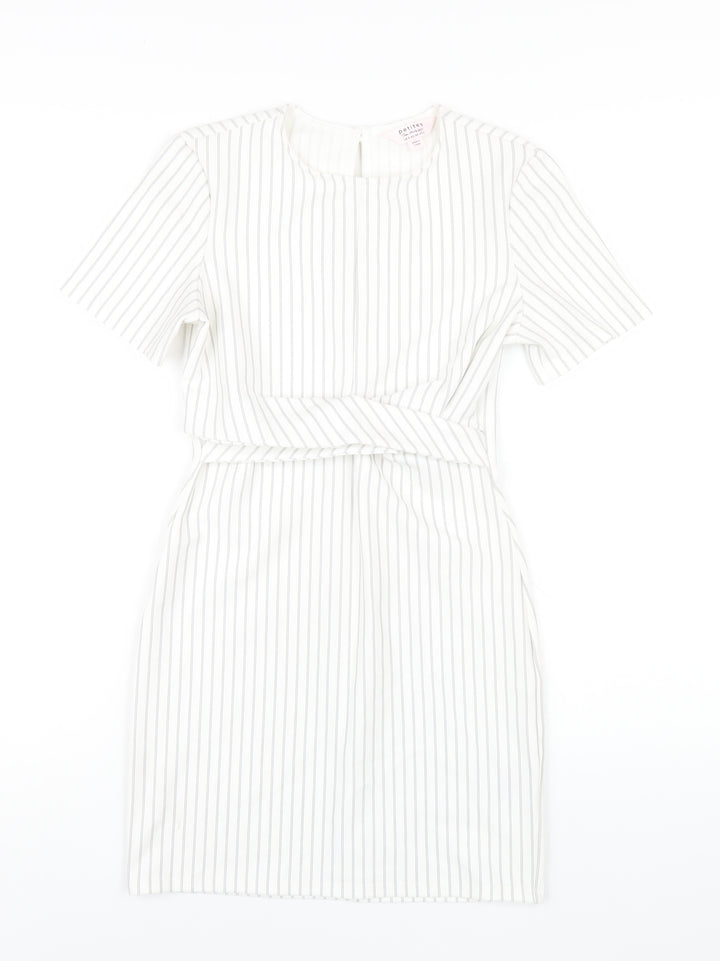 Miss Selfridge Womens White Striped Polyester Bodycon Size 6 Round Neck Button