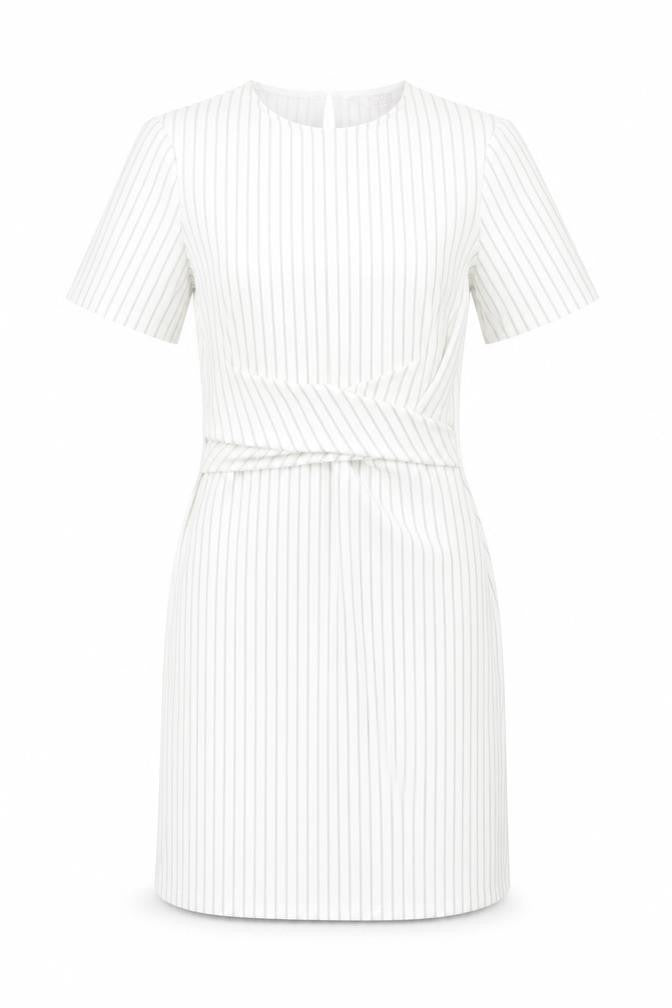 Front view of Miss Selfridge women’s white striped polyester bodycon, size UK 6, round neck button