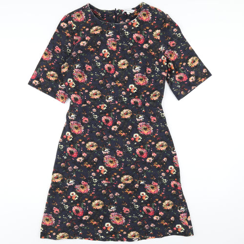Warehouse Womens Blue Floral Viscose A-Line Size 10 Round Neck Zip