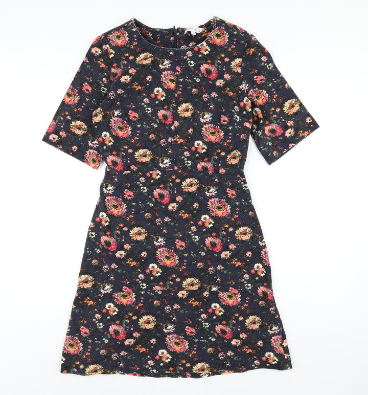 Warehouse Womens Blue Floral Viscose A-Line Size 10 Round Neck Zip