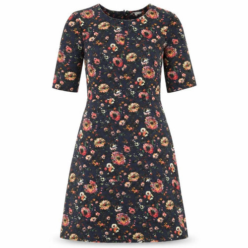 Warehouse Womens Blue Floral Viscose A-Line Size 10 Round Neck Zip