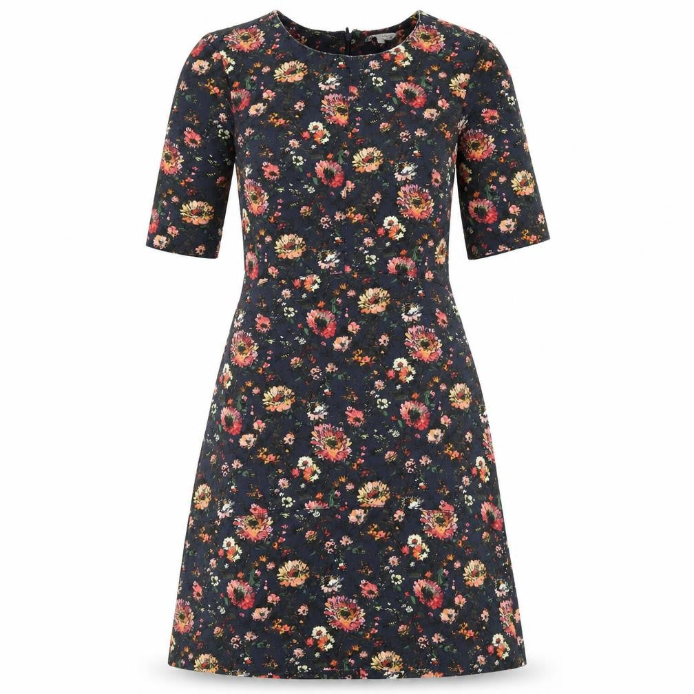 Warehouse Womens Blue Floral Viscose A-Line Size 10 Round Neck Zip