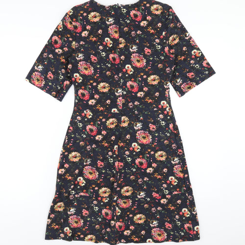 Warehouse Womens Blue Floral Viscose A-Line Size 10 Round Neck Zip
