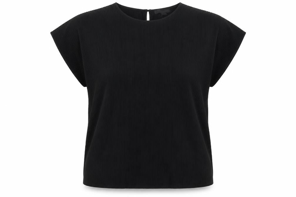 Front view of Marks & Spencer women’s black polyester basic t-shirt, size UK 12, round neck
