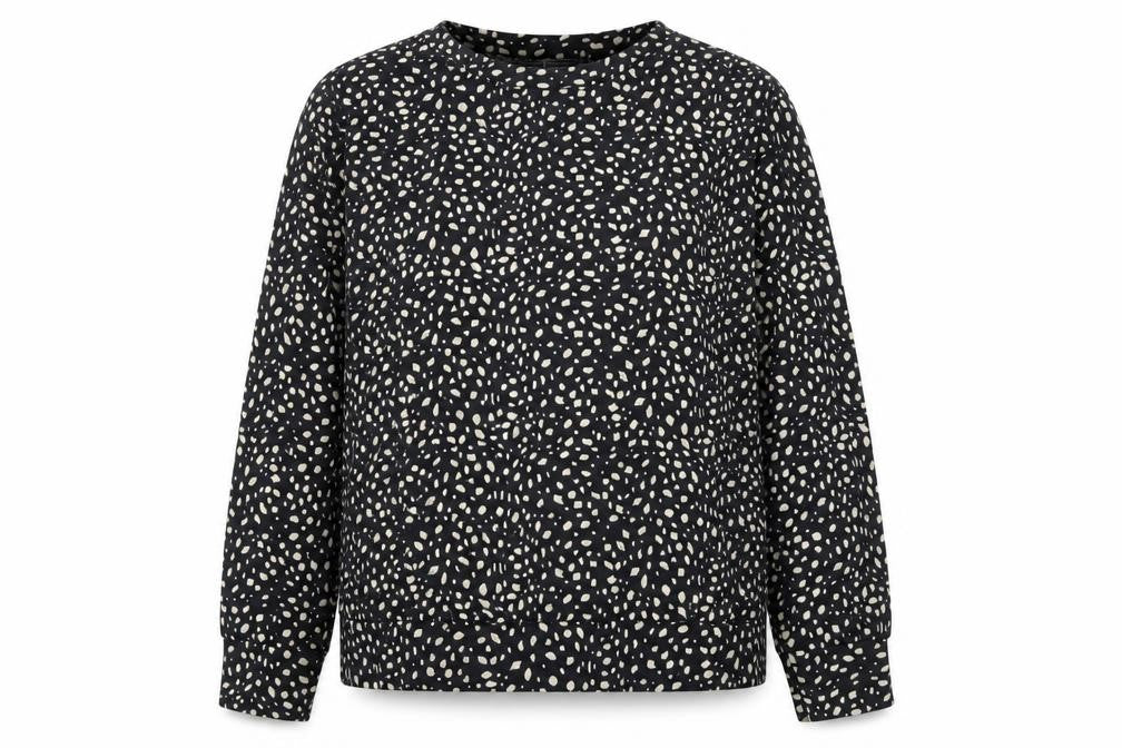 Front view of Jessica Graaf women’s black geometric polyester basic t-shirt, size M, round neck
