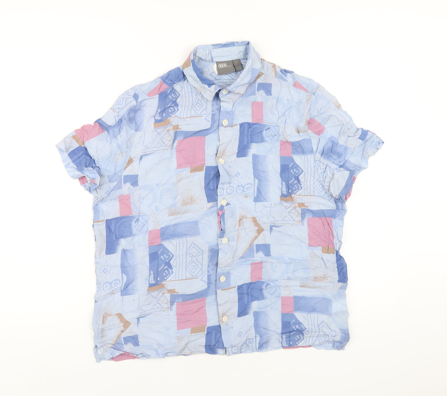 ASOS Mens Blue Geometric Viscose Button-Up Size S Collared Button