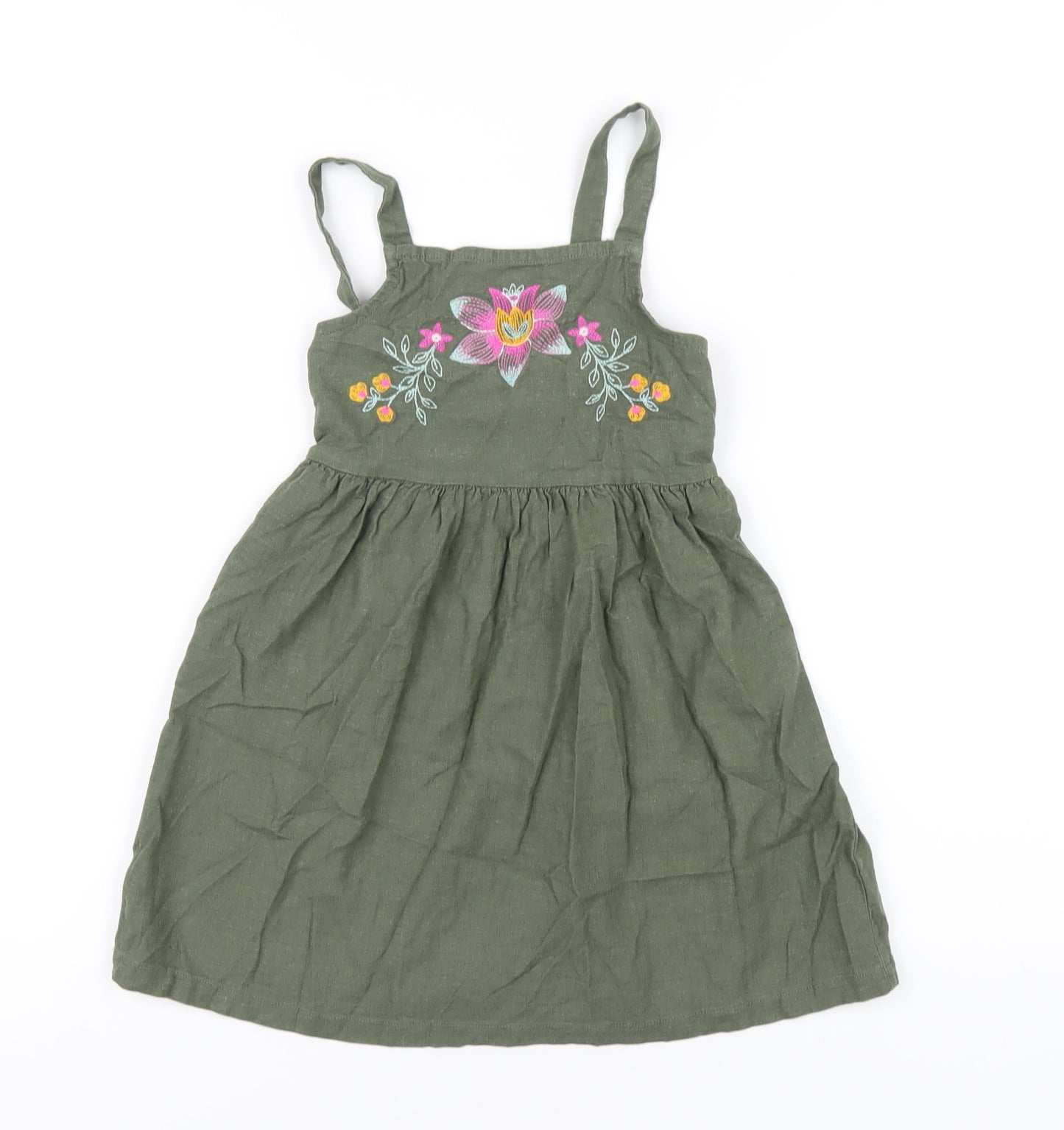 Carter's Girls Green Linen A-Line Size 4 Years Square Neck Button