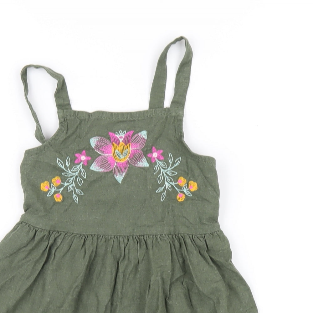 Carter's Girls Green Linen A-Line Size 4 Years Square Neck Button