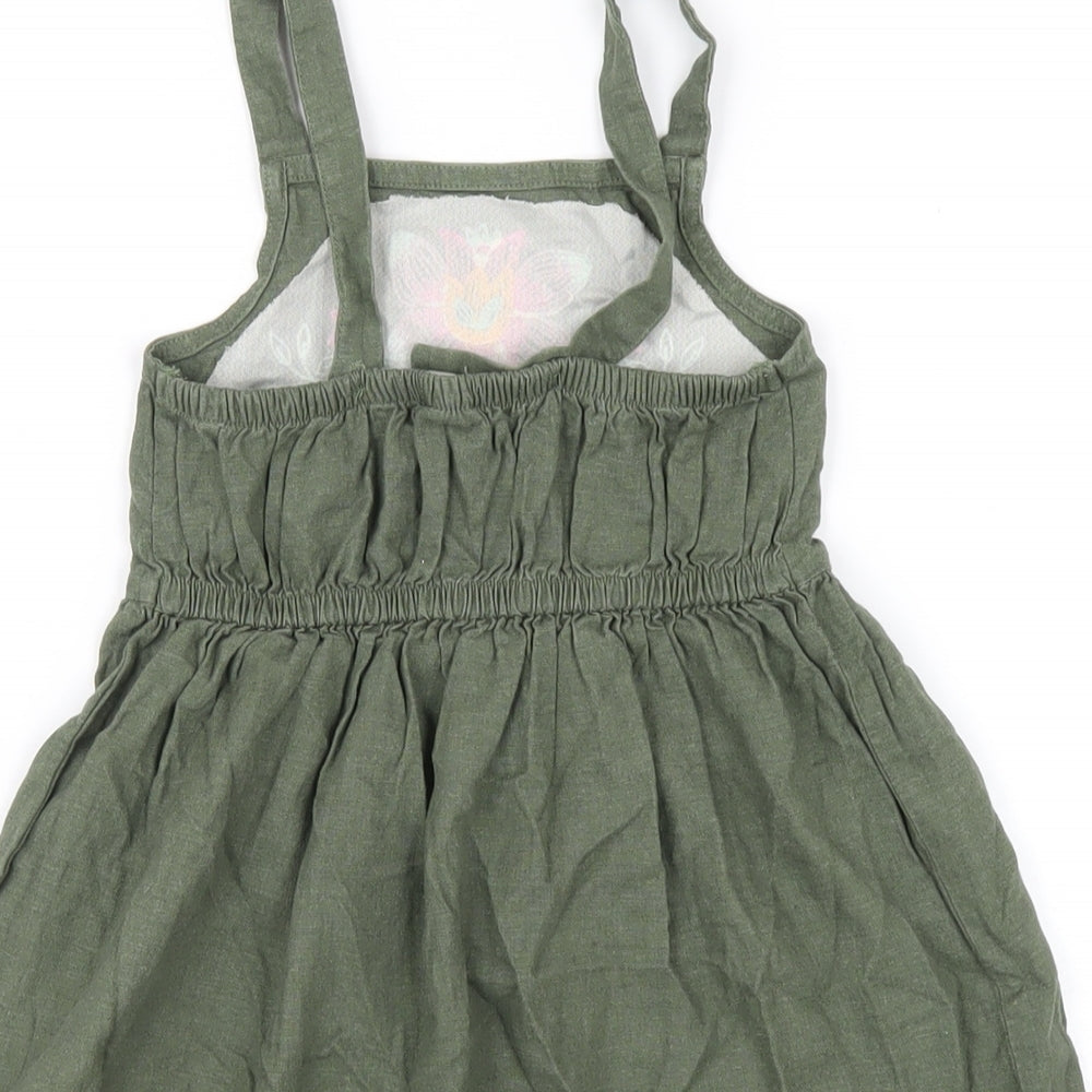 Carter's Girls Green Linen A-Line Size 4 Years Square Neck Button