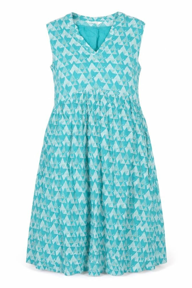 Front view of Nomads women’s blue geometric viscose a-line, size UK 10, v-neck pullover