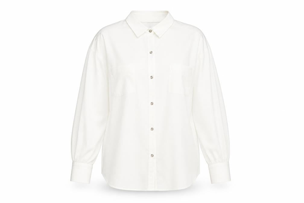 Front view of Debenhams women’s ivory polyester basic button-up, size UK 16, collared