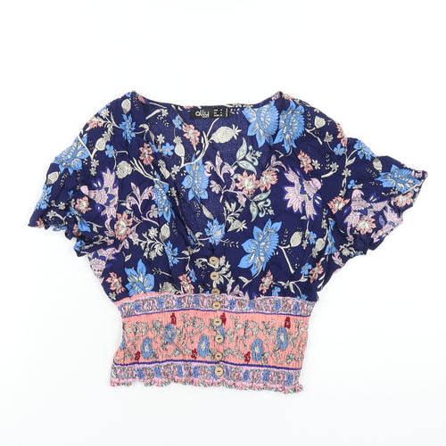 Ally Womens Multicoloured Geometric Viscose Cropped T-Shirt Size 10 V-Neck