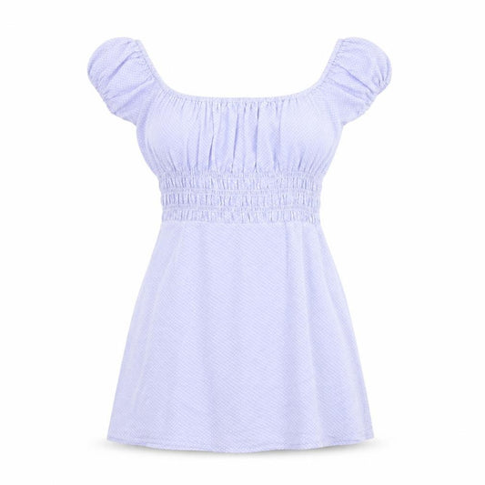 Front view of Lulu & Rose women’s blue polka dot polyester a-line, size L, off the shoulder zip