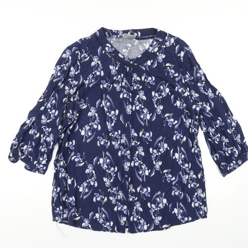 Fransa Womens Blue Floral Viscose Basic Button-Up Size M Round Neck
