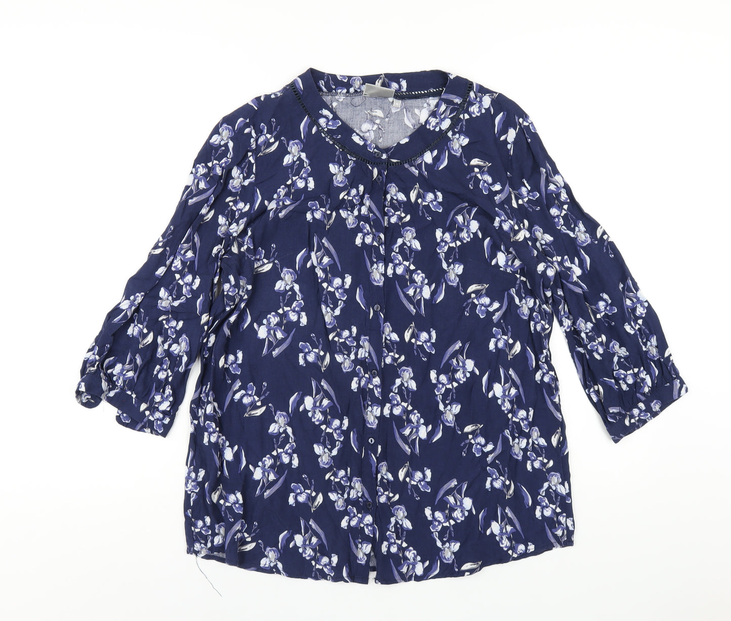 Fransa Womens Blue Floral Viscose Basic Button-Up Size M Round Neck
