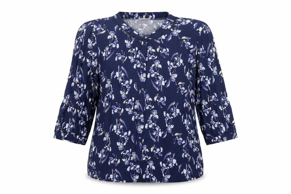 Front view of Fransa women’s blue floral viscose basic button-up, size M, round neck