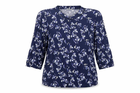 Front view of Fransa women’s blue floral viscose basic button-up, size M, round neck