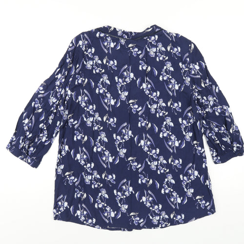 Fransa Womens Blue Floral Viscose Basic Button-Up Size M Round Neck