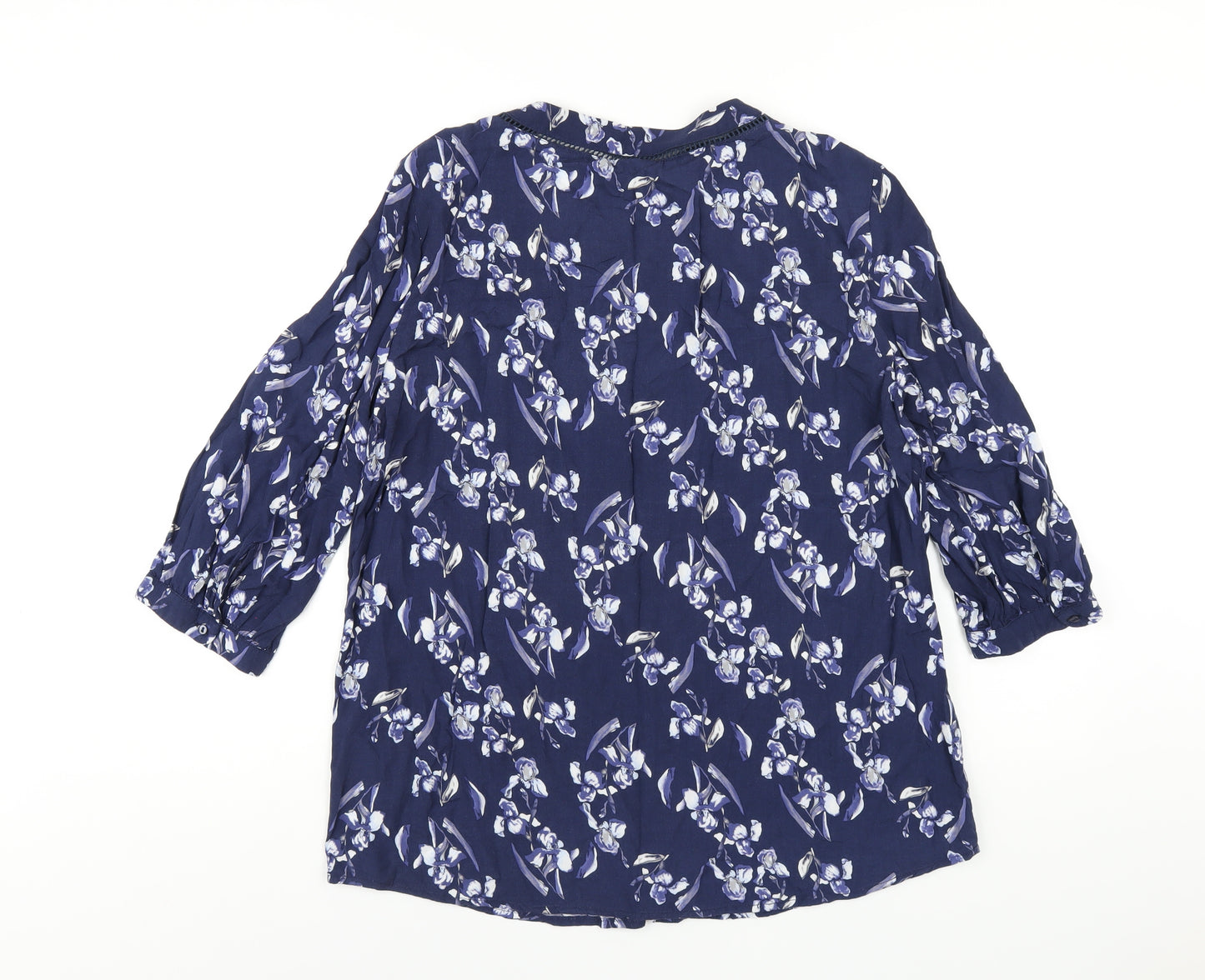 Fransa Womens Blue Floral Viscose Basic Button-Up Size M Round Neck