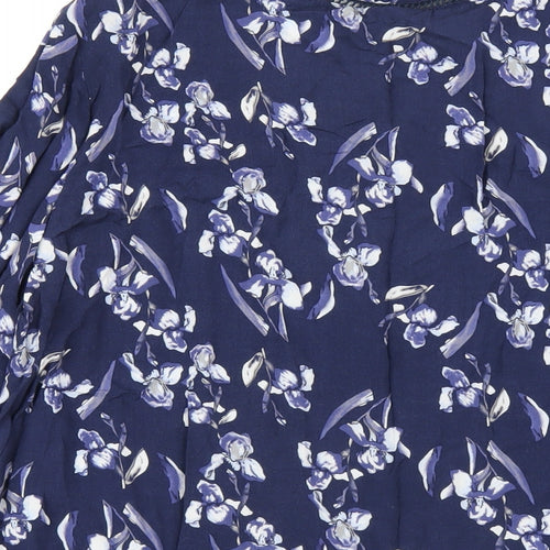 Fransa Womens Blue Floral Viscose Basic Button-Up Size M Round Neck