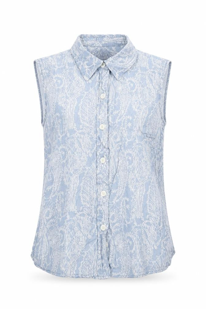Front view of Gap women’s blue geometric cotton basic button-up, size M, collared