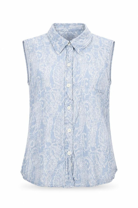Front view of Gap women’s blue geometric cotton basic button-up, size M, collared