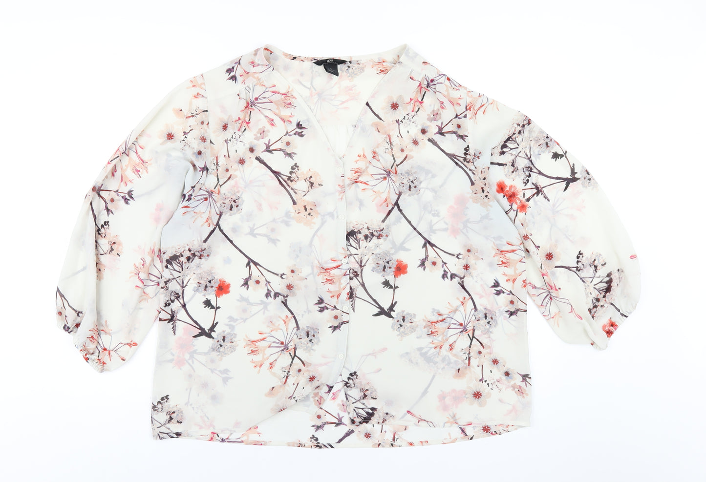 H&M Womens Ivory Floral Polyester Basic Blouse Size 14 V-Neck