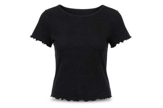 Front view of ASOS women’s black cotton basic t-shirt, size UK 6, round neck