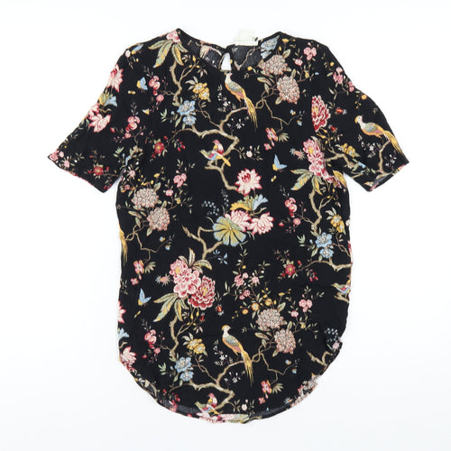 H&M Womens Black Floral Viscose Basic T-Shirt Size 8 Round Neck