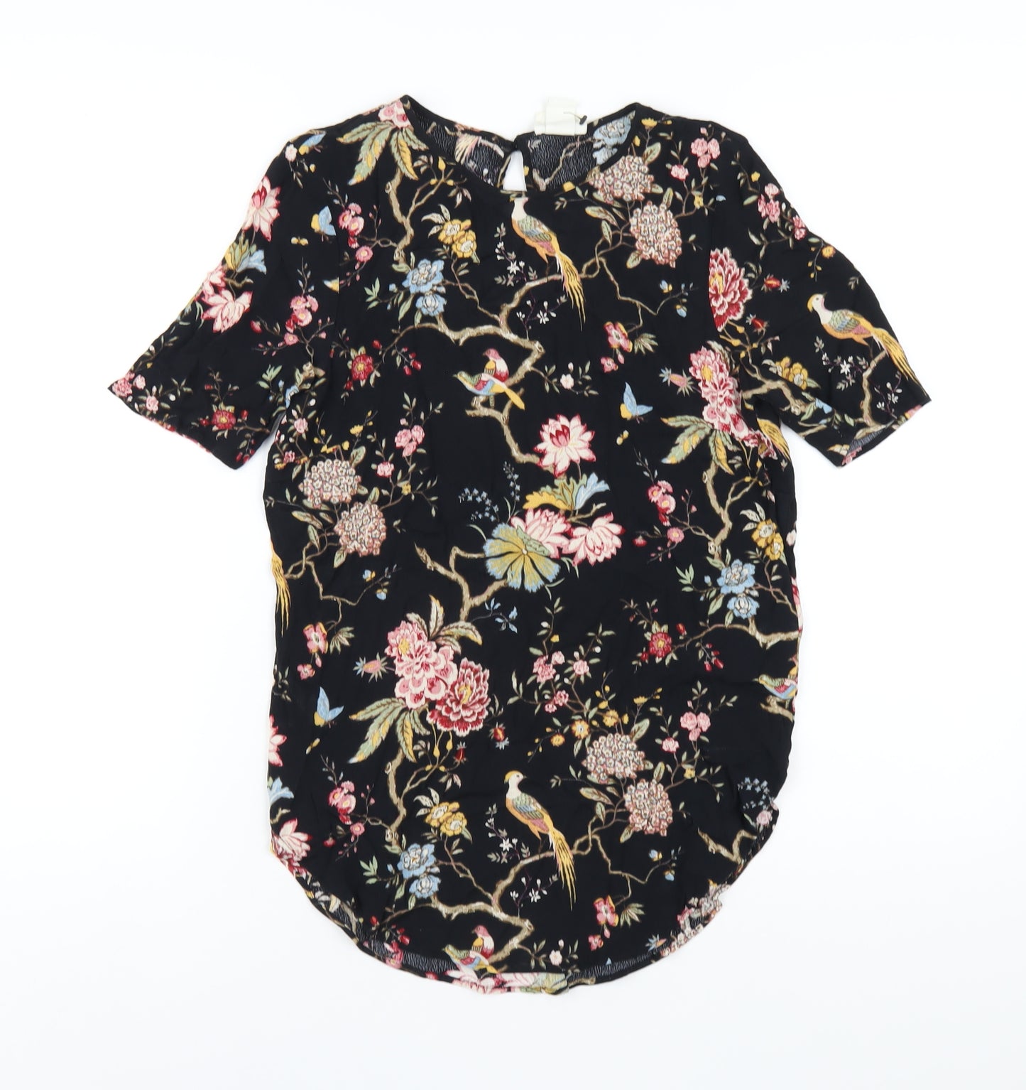 H&M Womens Black Floral Viscose Basic T-Shirt Size 8 Round Neck