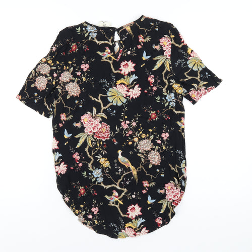 H&M Womens Black Floral Viscose Basic T-Shirt Size 8 Round Neck