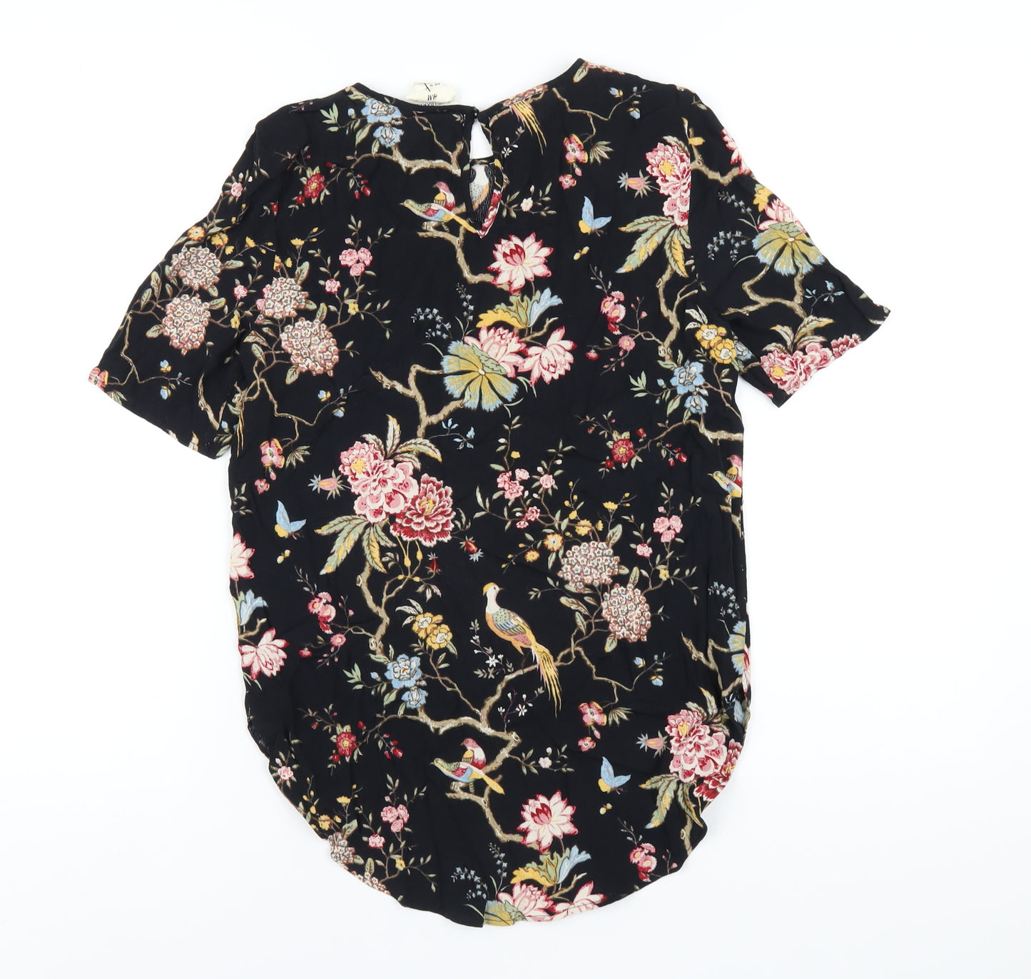 H&M Womens Black Floral Viscose Basic T-Shirt Size 8 Round Neck