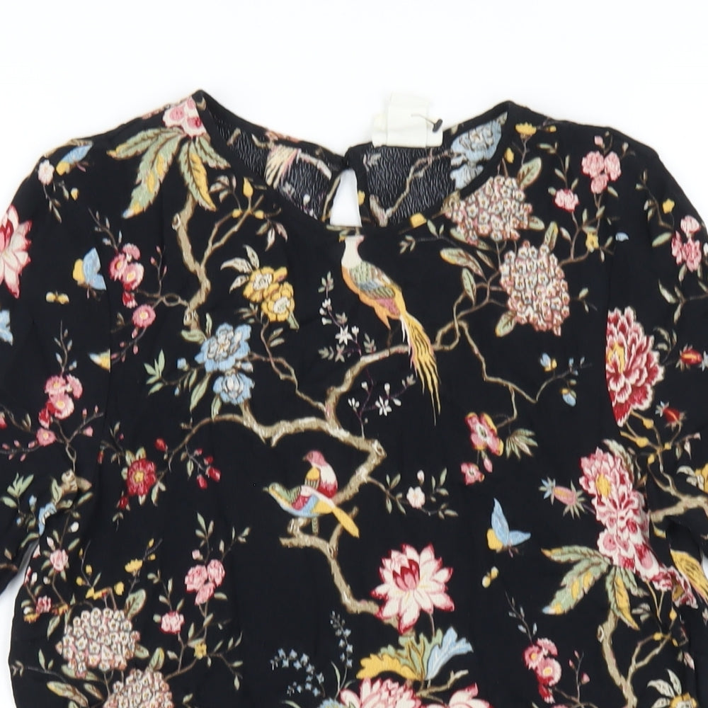 H&M Womens Black Floral Viscose Basic T-Shirt Size 8 Round Neck