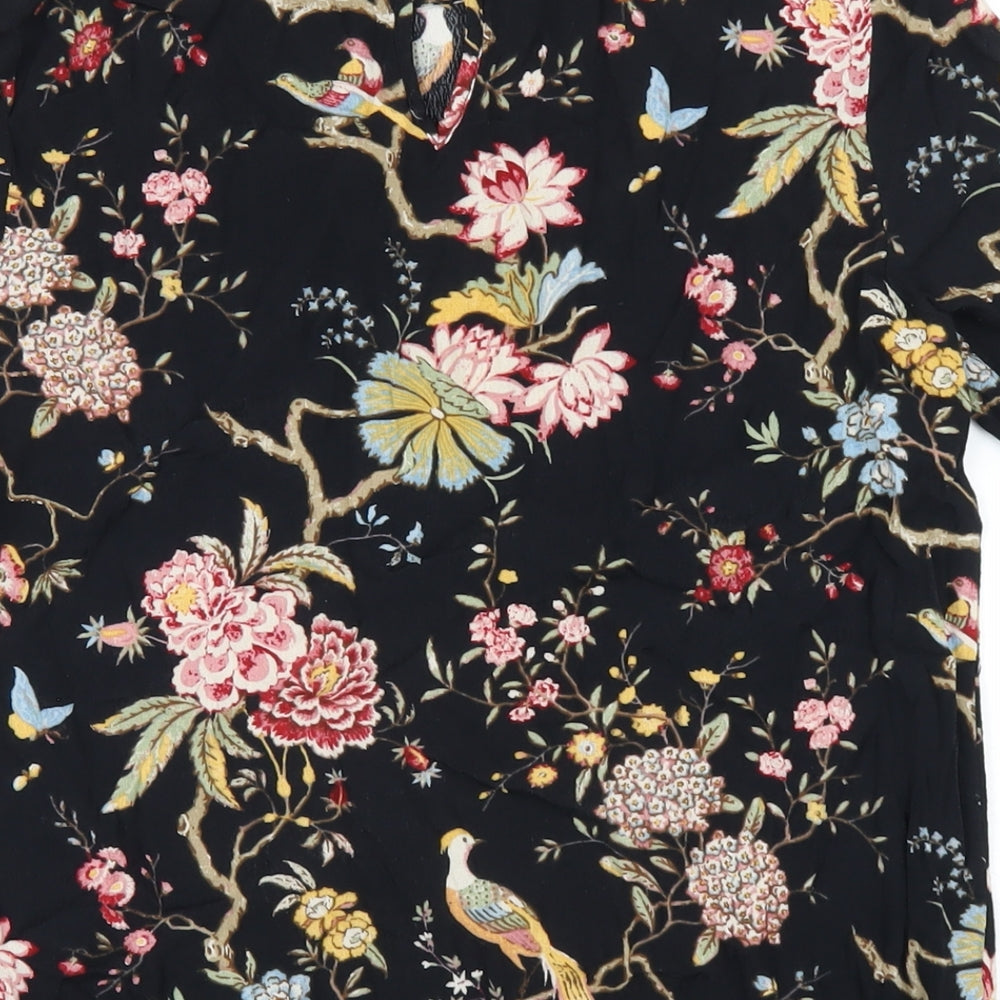 H&M Womens Black Floral Viscose Basic T-Shirt Size 8 Round Neck