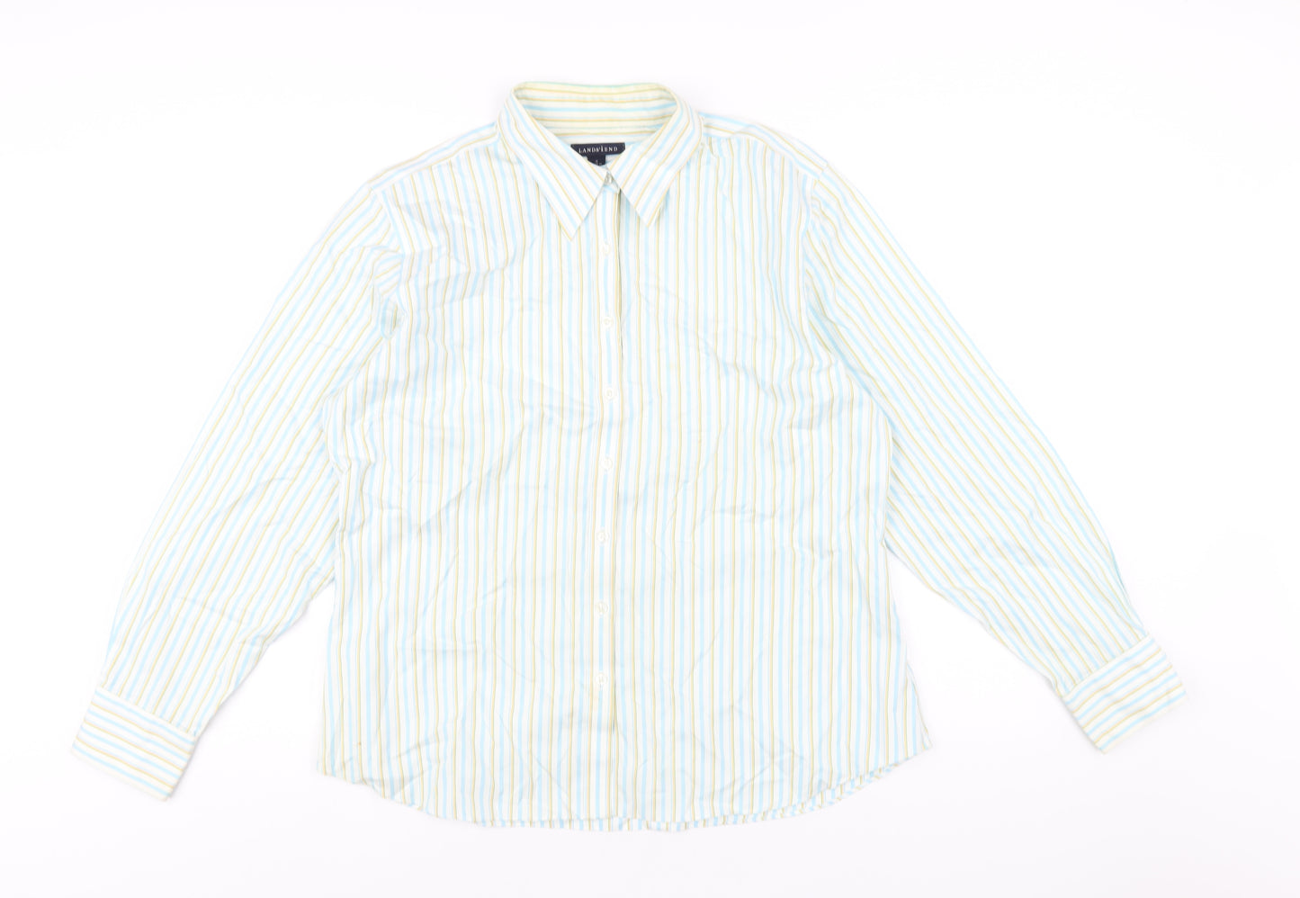 Lands' End Womens Multicoloured Striped Cotton Basic Button-Up Size 16 Collared