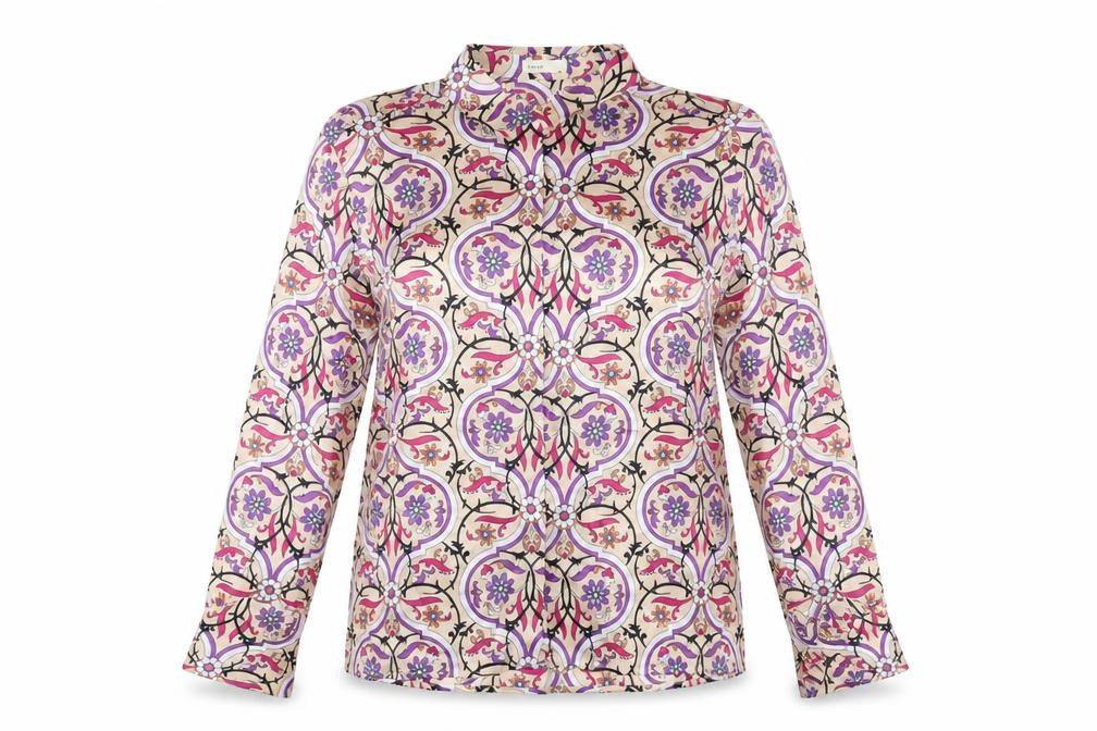 Front view of Levete women’s multicoloured geometric polyester basic button-up, size XL, collared