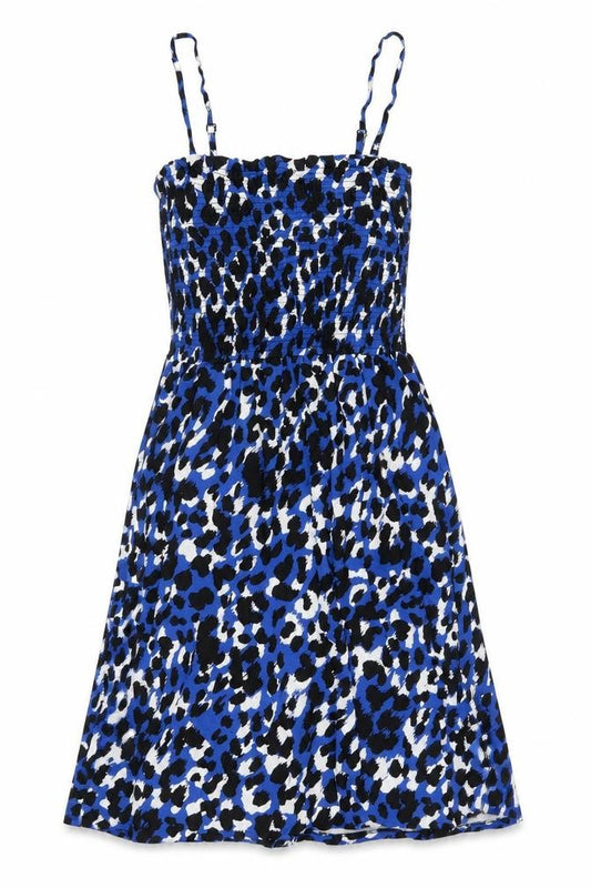 Front view of John Lewis women’s blue geometric viscose a-line, size M, square neck pullover
