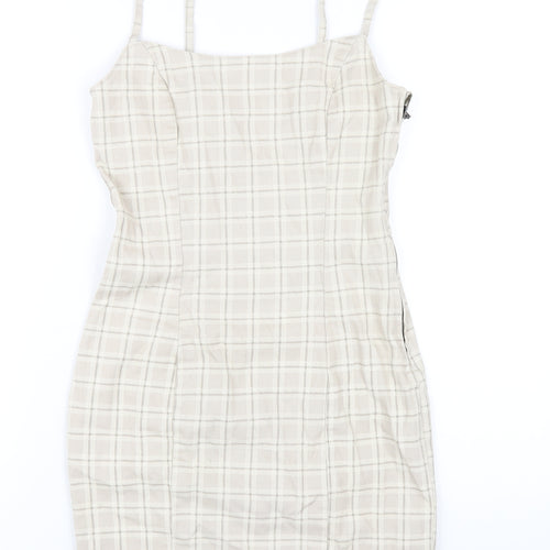H&M Womens Beige Plaid Cotton Bodycon Size 8 Square Neck Zip