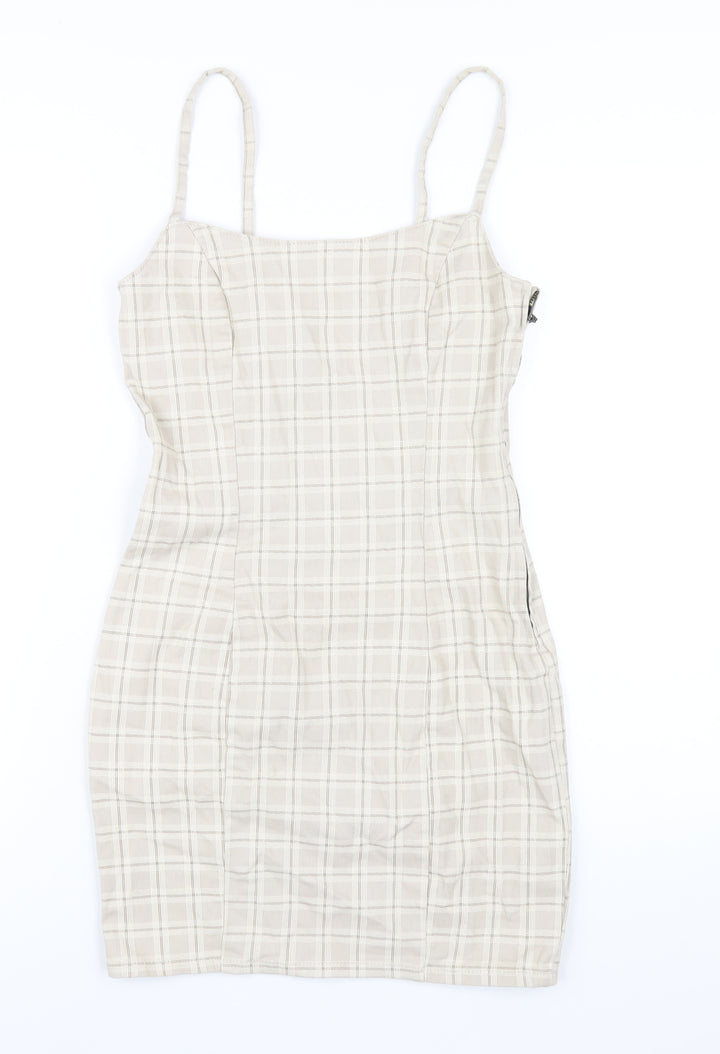 H&M Womens Beige Plaid Cotton Bodycon Size 8 Square Neck Zip