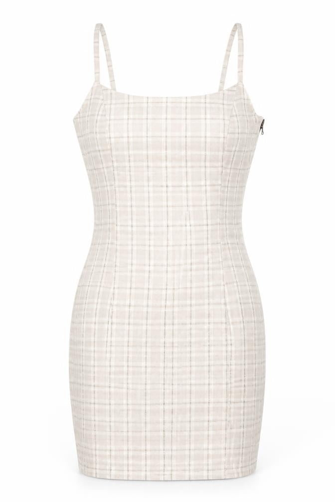 Front view of H&M women’s beige plaid cotton bodycon, size UK 8, square neck zip