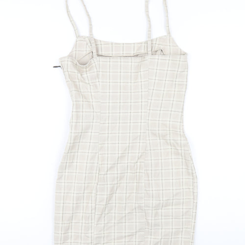 H&M Womens Beige Plaid Cotton Bodycon Size 8 Square Neck Zip